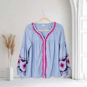 Crown & Ivy Women Long Balloon Sleeve Fringe Peasant Top Size Medium